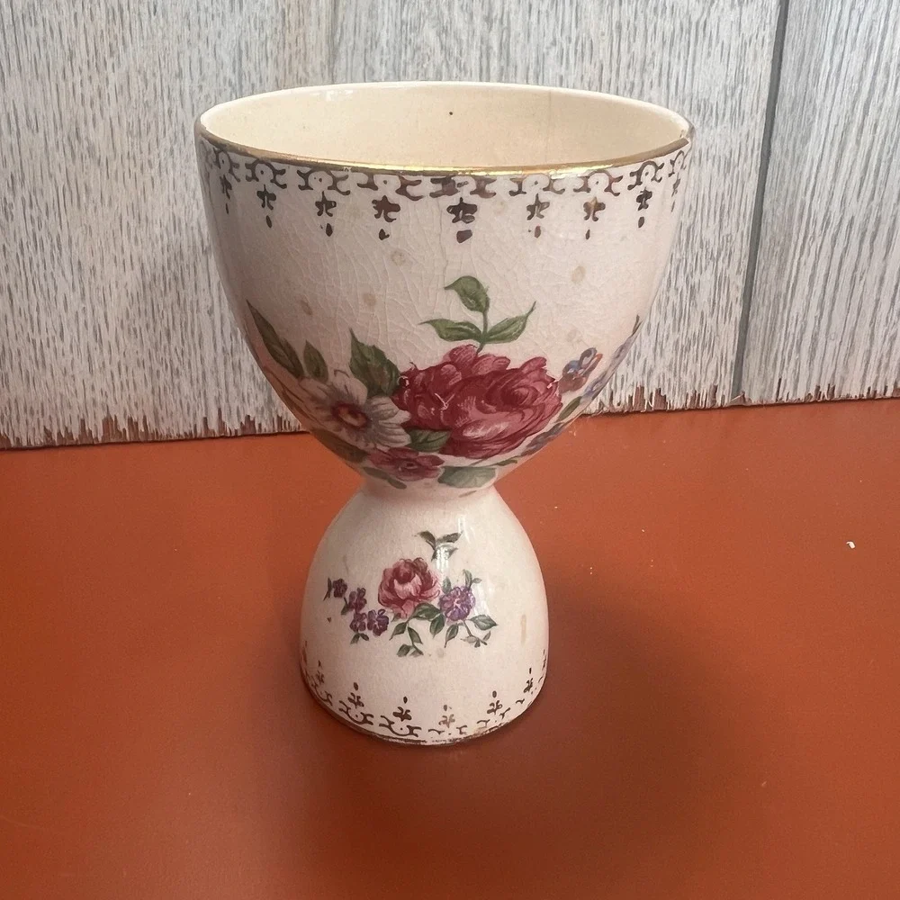 Vintage Double Egg Cup Japan Flower‎ golden trim floral delicate
